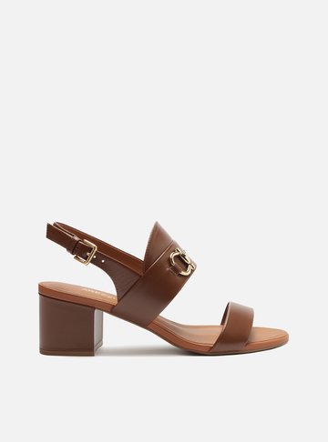 Sandália Marrom Couro Salto Médio Bloco Bridão