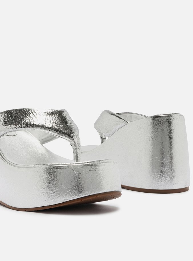 Sandália Prata Couro Plataforma Flip Flop TIG