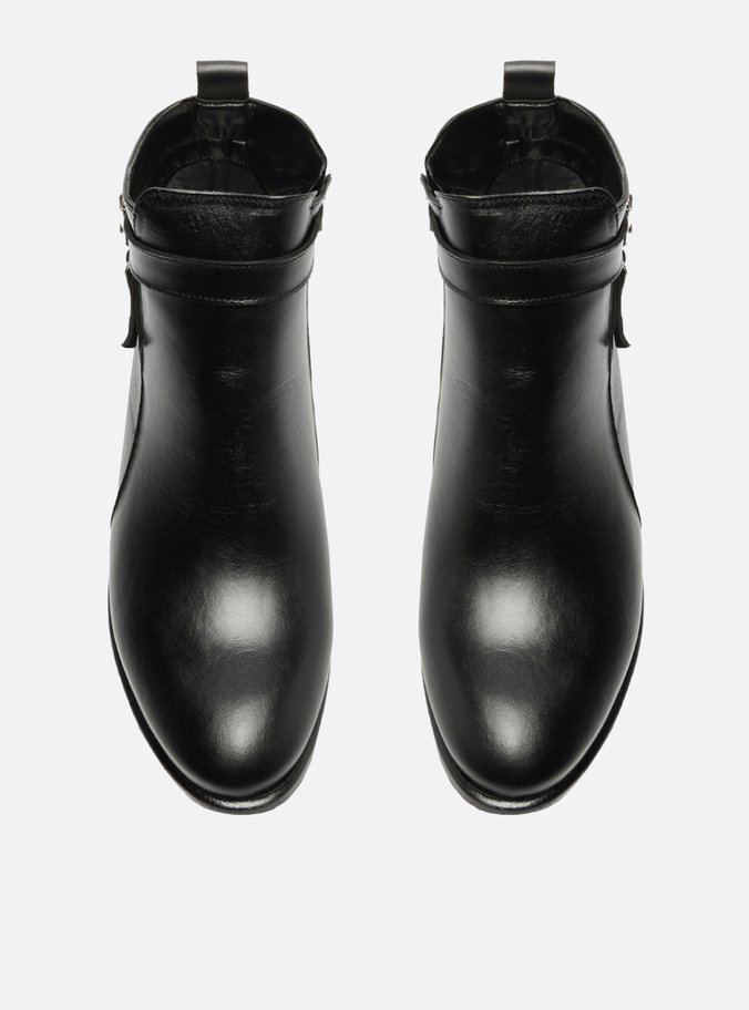 Bota Preta Couro Cano Curto Tiras Fivelas