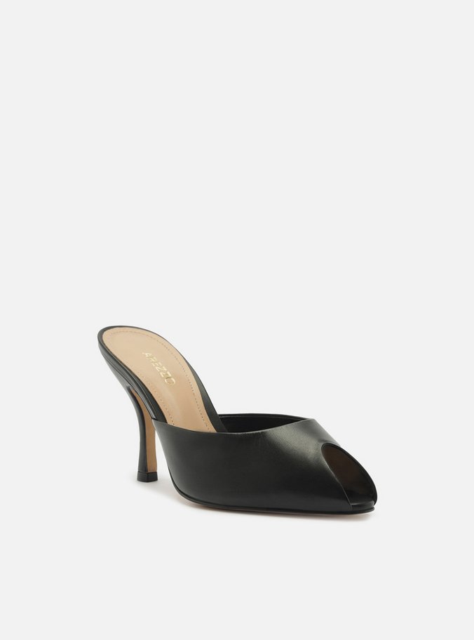 Mule Peep Toe Preta Couro Salto Alto