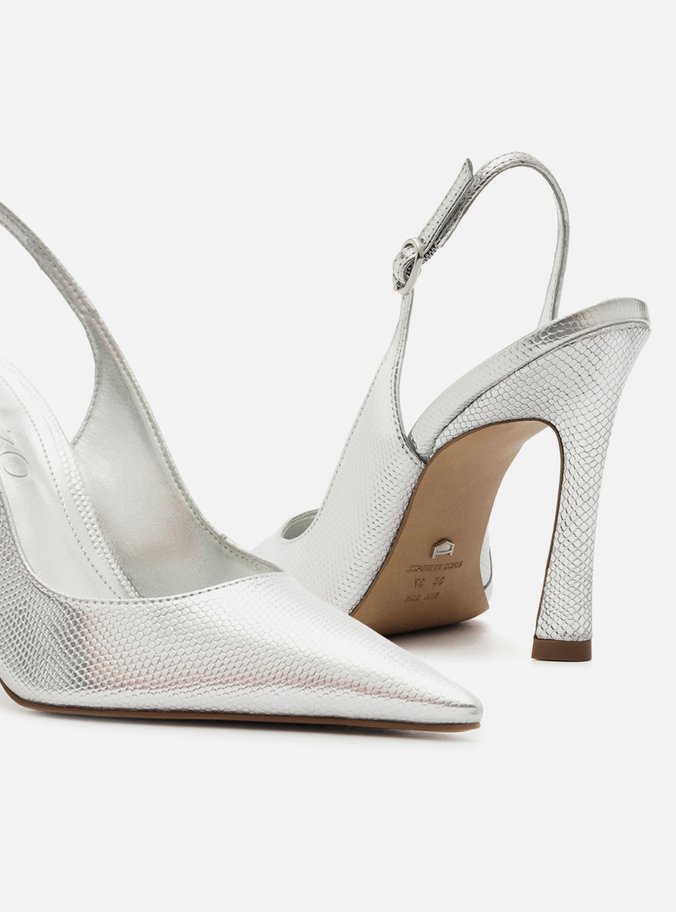 Scarpin Prata Couro Salto Alto Slingback Esther