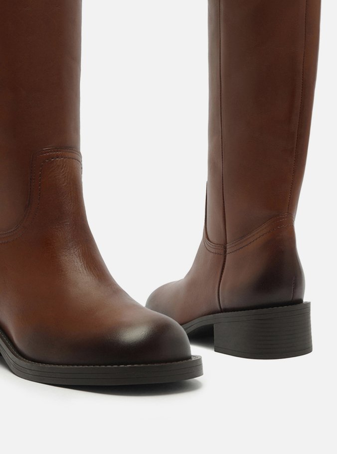 Bota Marrom Couro Cano Longo Salto Bloco Tiras