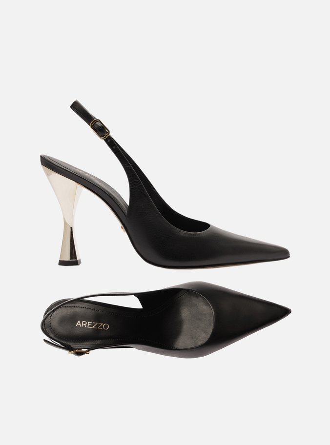 Scarpin Preto Couro Salto Alto Slingback