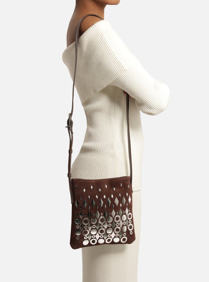 Tiracolo Marrom Camurça Média Metais Geométricos TIG