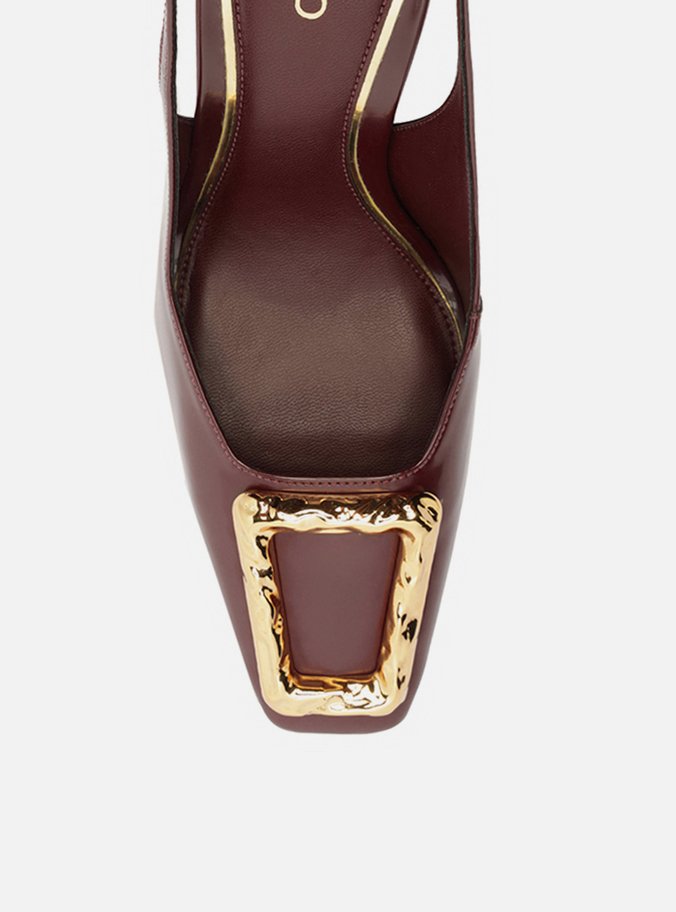 Scarpin Vermelho Couro Bico Quadrado Slingback Metal