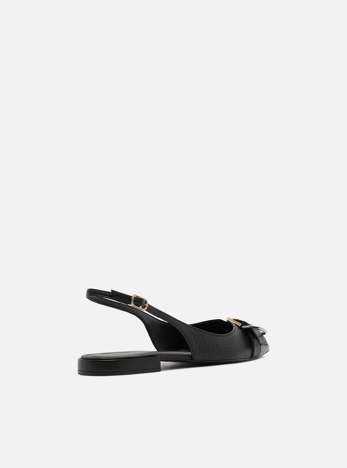 Sapatilha Preta Couro Textura Slingback Fivela