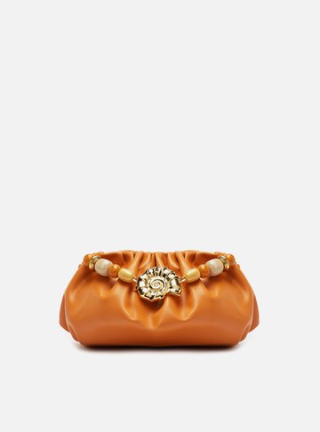 Clutch Laranja Couro Média Pedrarias Concha