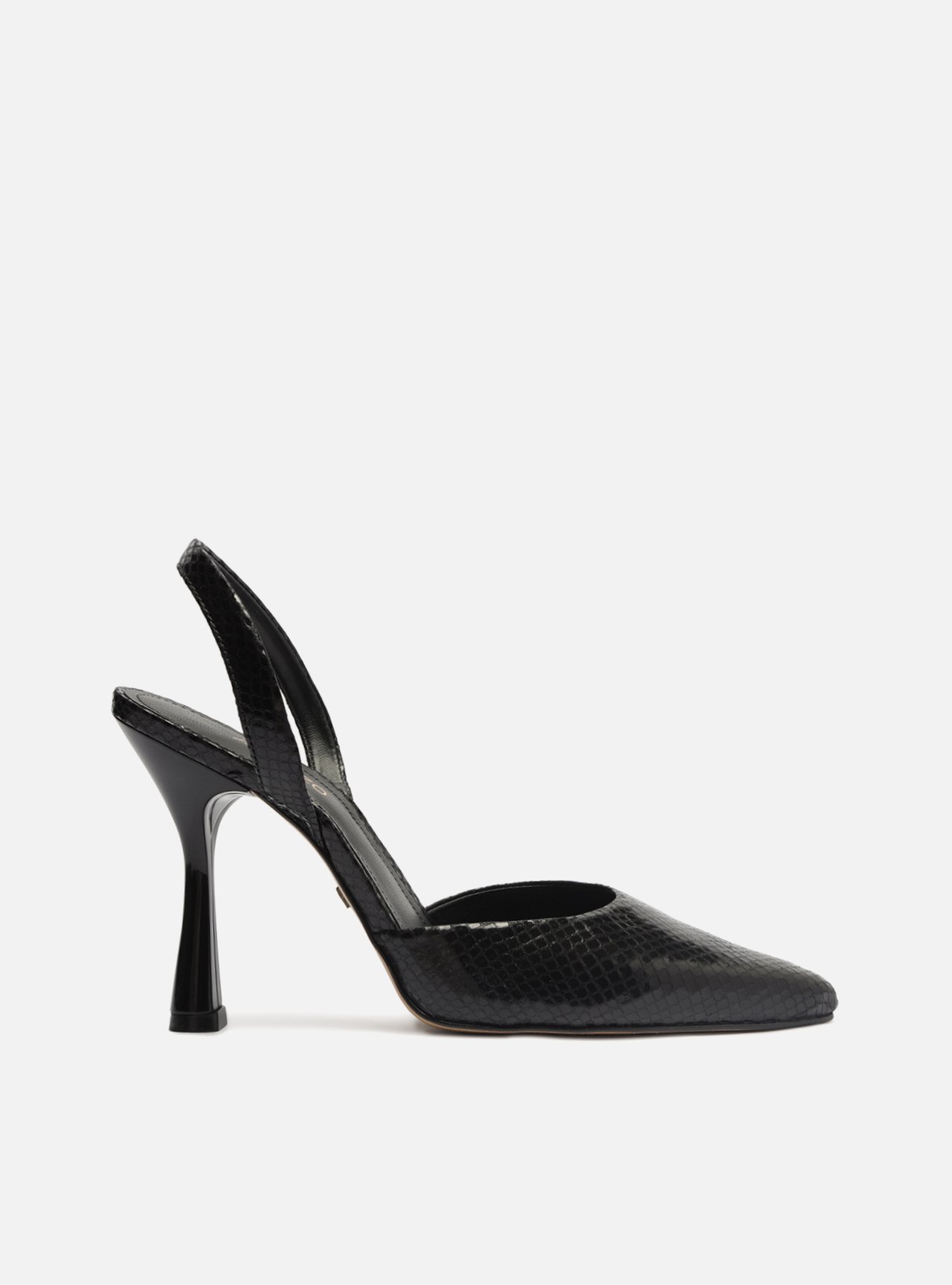 Scarpin Preto Snake Bico Fino Aberto Tira — foto 1