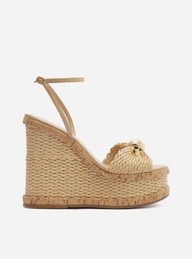 Sandália Bege Palha Plataforma Tira Metal