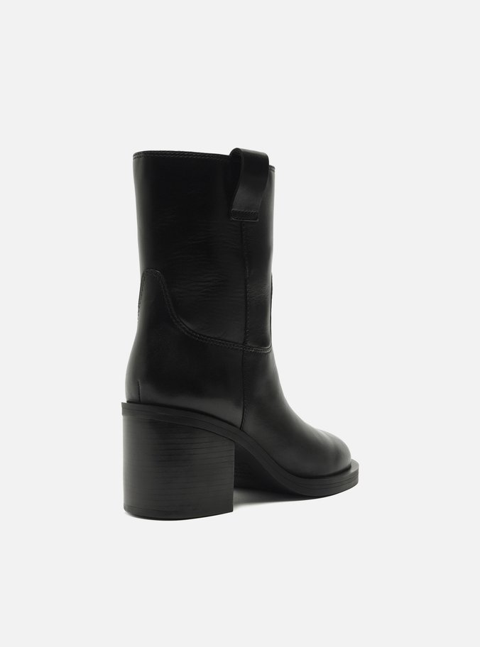 Bota Preta Couro Cano Médio Salto Bloco Tiras