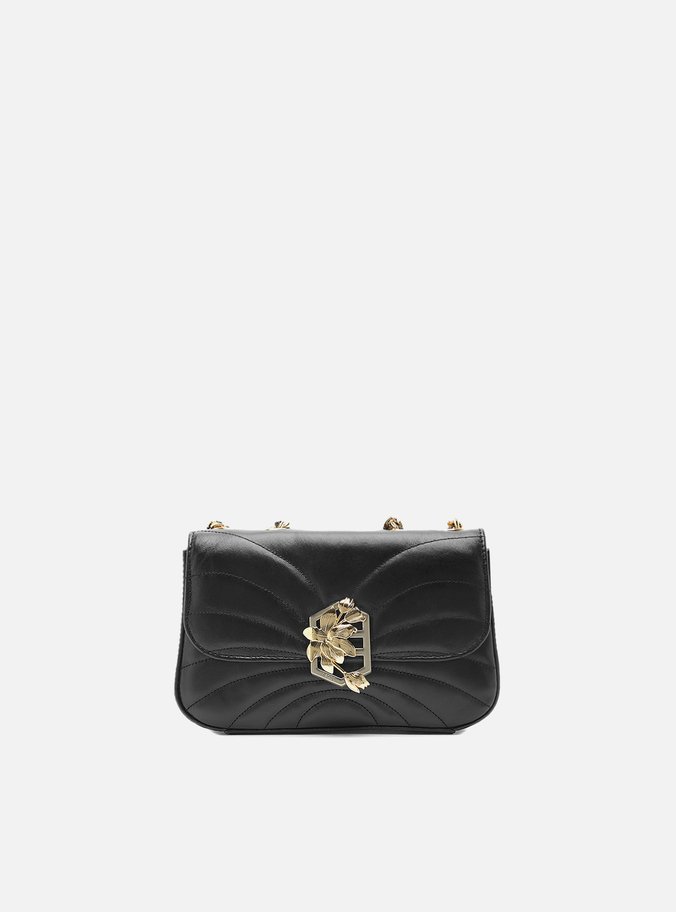 Bolsa Tiracolo Preta Couro Pequena Metal Flor