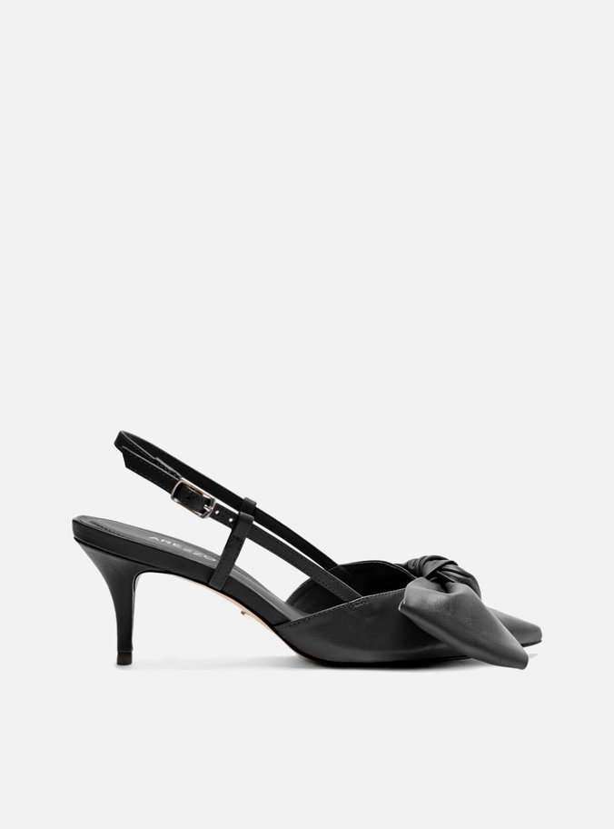 Scarpin Preto Couro Salto Fino Maxi Laço Slingback