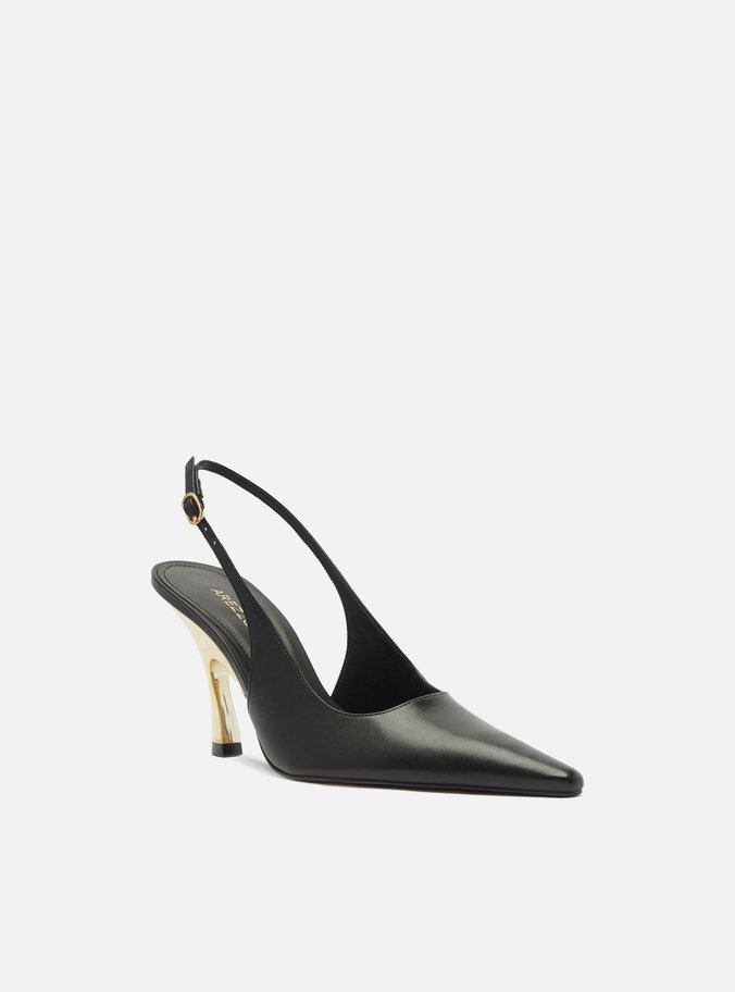 Scarpin Preto Couro Salto Alto Slingback