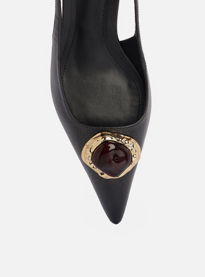 Scarpin Preto Couro Salto Baixo Slingback Pedraria