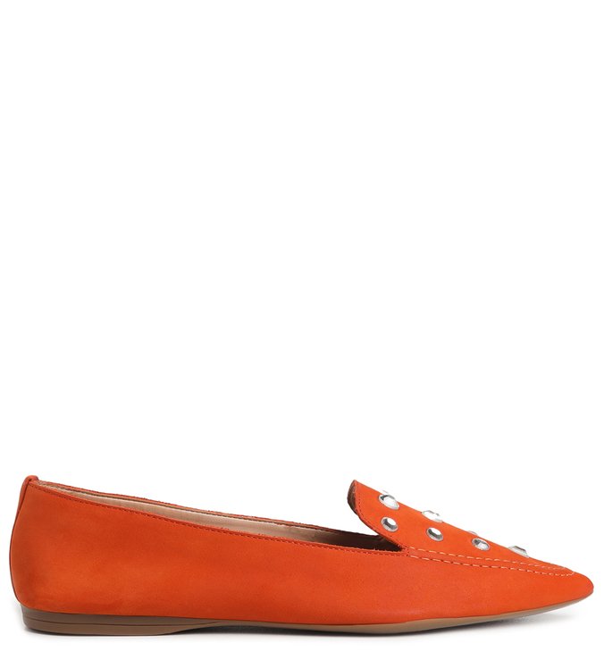 Mocassim Laranja Couro Salto Rasteiro Strass