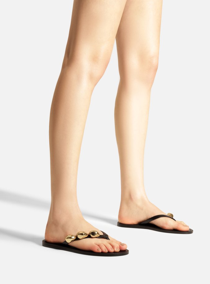 Rasteira Preta Couro Flip Flop Metais