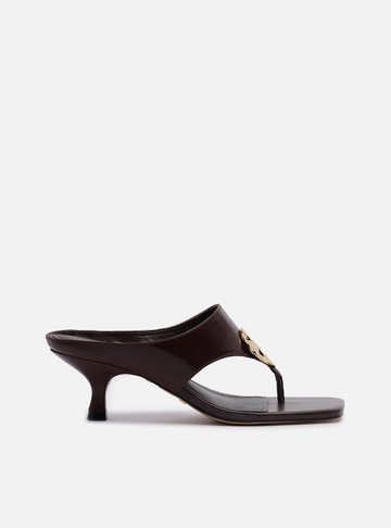 Sandália Marrom Couro Salto Kitten Thong Metal