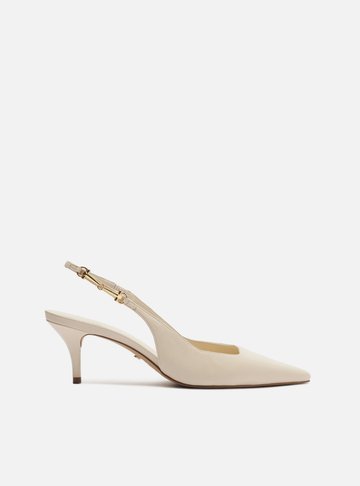 Scarpin Branco Couro Slingback Detalhe Metal
