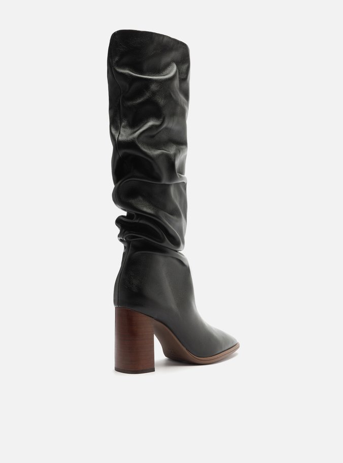 Bota Preta Couro Cano Alto Salto Alto