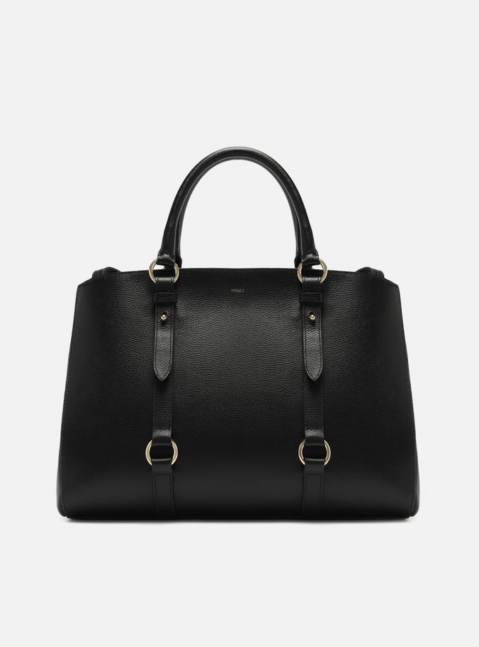 Bolsa Tote Preta Couro Grande Tiras