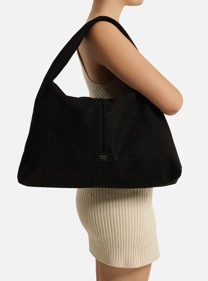 Bolsa Hobo Preta Camurça Tressê Grande