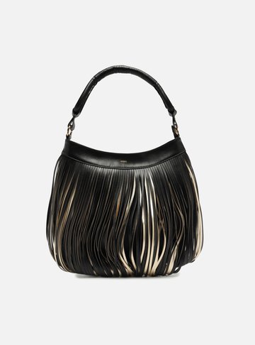 Bolsa Hobo Preta Couro Média Franjas Metalizada