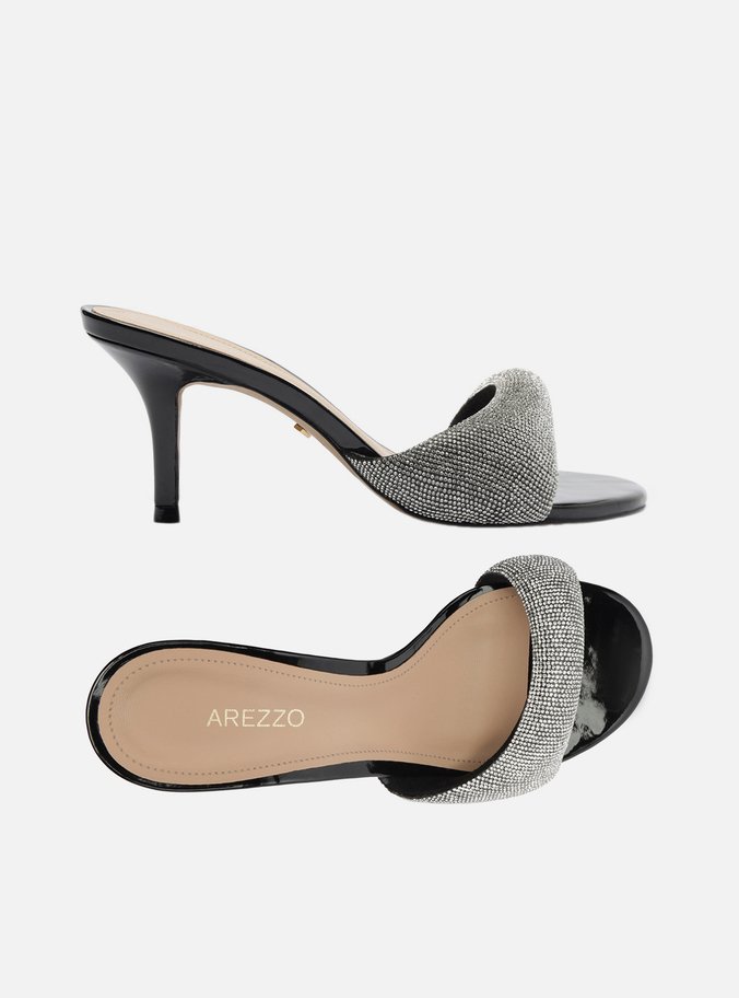 Mule Preta Salto Fino Tira Bold Strass