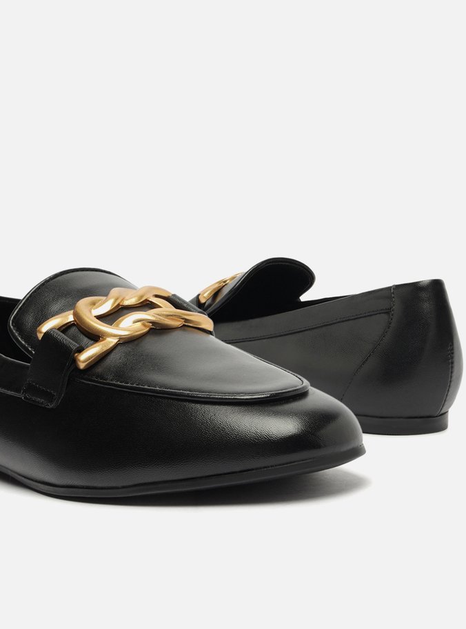Mocassim Preto Couro Metal Trança