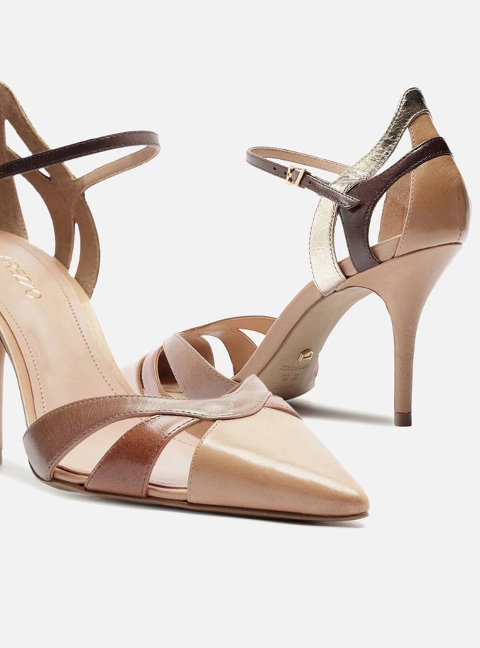 Scarpin Bege Couro Salto Fino Mix Tiras