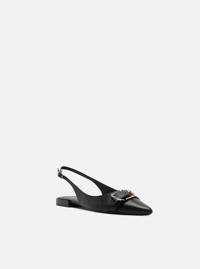 Sapatilha Preta Couro Textura Slingback Fivela