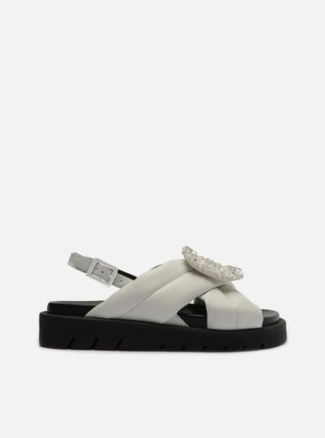 Sandália Papete Branca Couro Flatform Pedraria