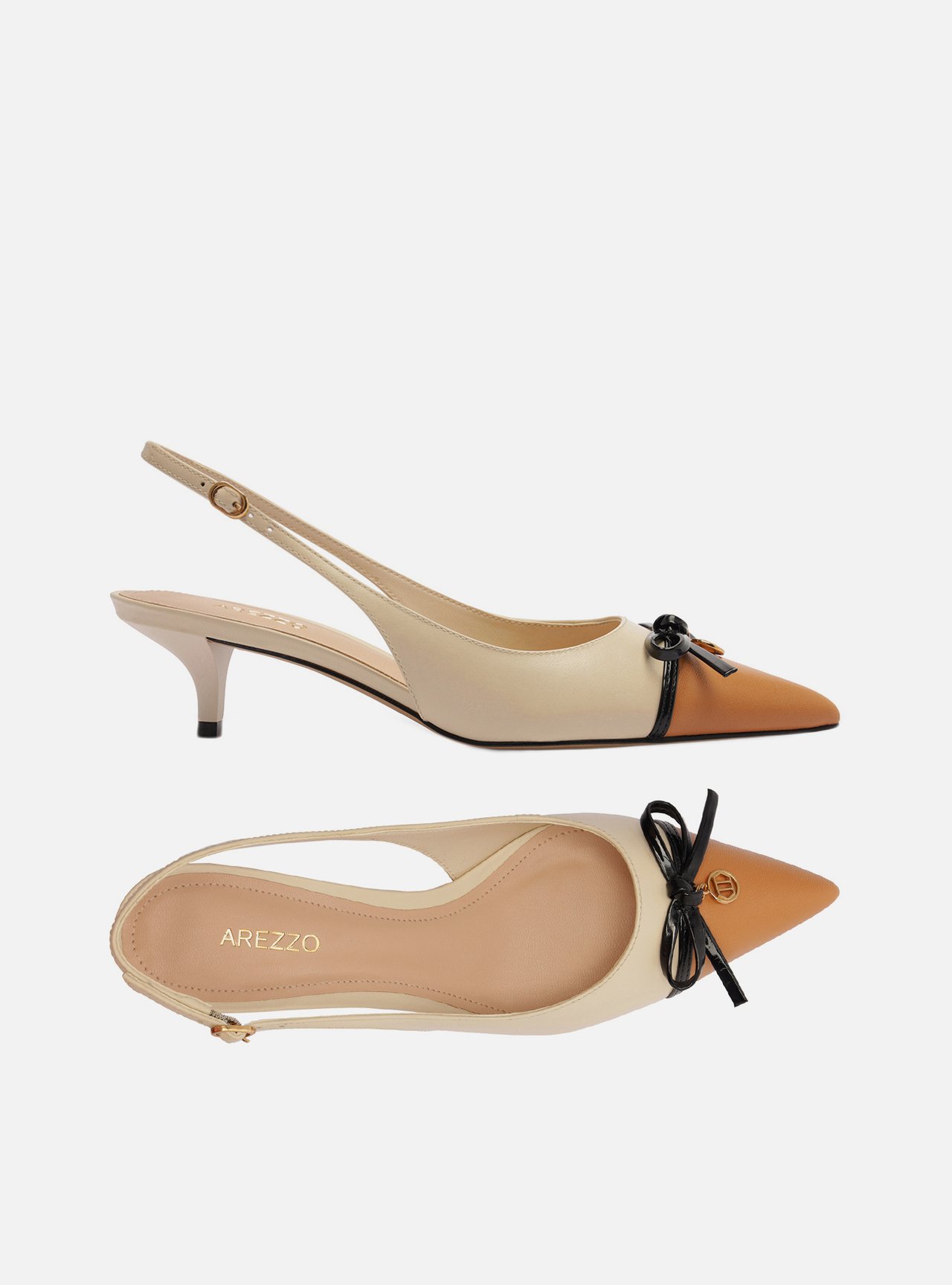 Scarpin Nude Couro Salto Baixo Cap Toe Marrom Slingback Laço — foto 6