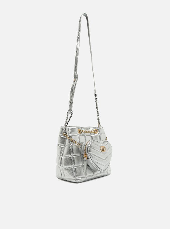 Bolsa Bucket Prata Couro Média Bolso Coração