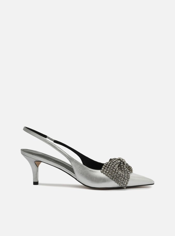 Scarpin Prata Couro Salto Médio Slingback Laço