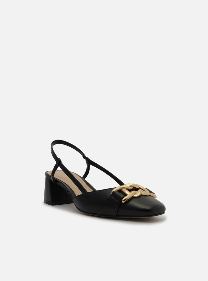 Scarpin Preto Couro Bico Quadrado Aberto Metal