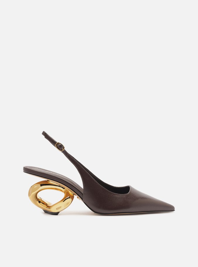 Scarpin Marrom Couro Salto Geométrico Slingback