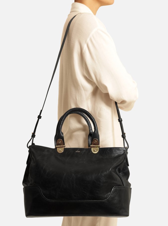 Bolsa Tote Preta Couro Natural Grande Metais