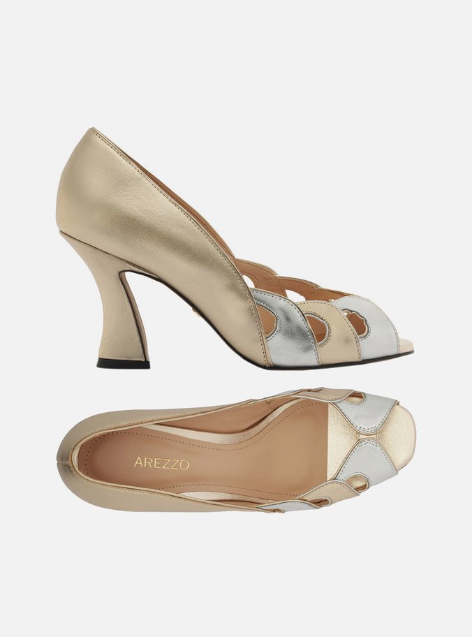 Peep Toe Dourado Couro Salto Médio Recortes