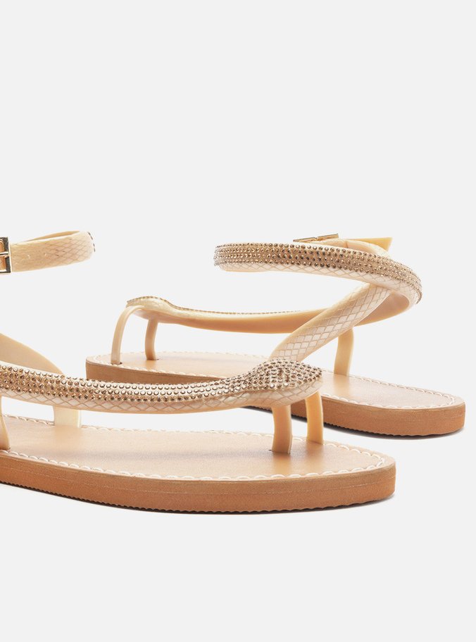Sandália Rasteira Dourada Snake Strass Lille
