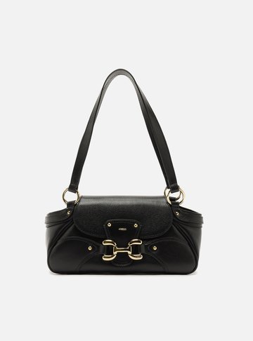 Arezzo — Bolsa Shoulder Preta Couro Média Metais