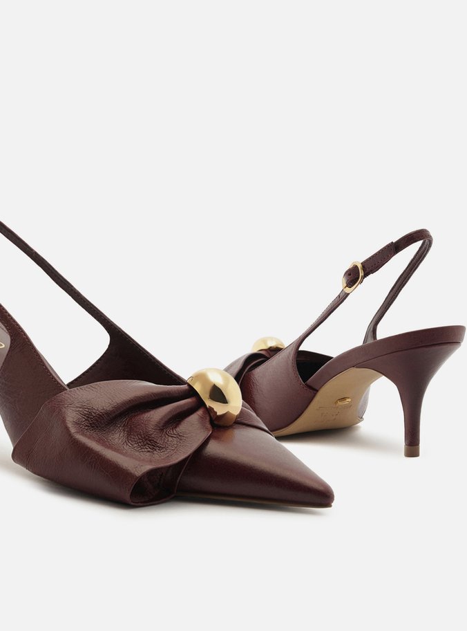 Scarpin Vermelho Couro Slingback Laço Metal