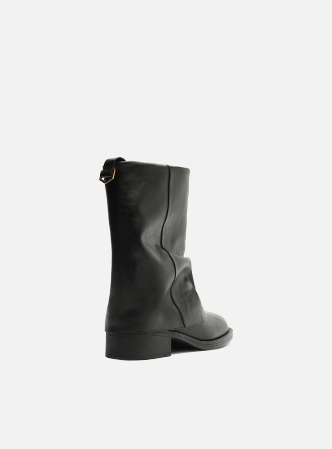 Bota Preta Couro Cano Curto Bloco Polaina