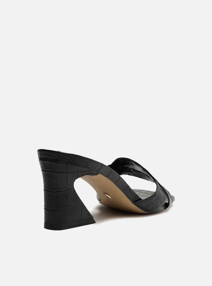Sandália Preta Croco Bico Quadrado Flare