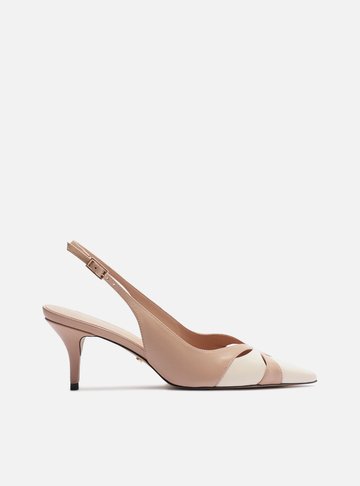 Scarpin Bege Couro Salto Kitten Slingback Bicolor