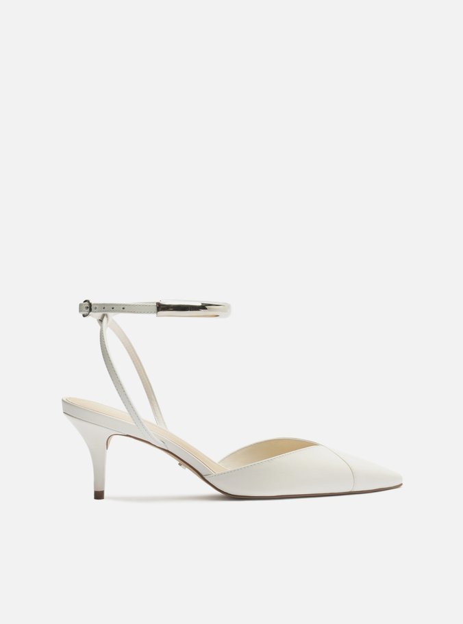 Scarpin Branco Couro Salto Kitten Tira Metal