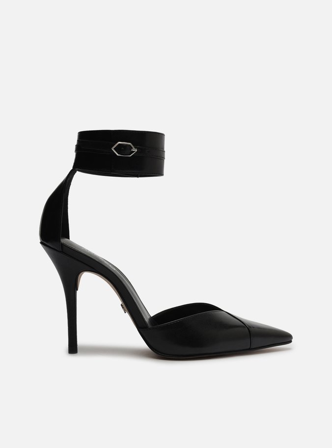 Scarpin Preto Couro Salto Alto Bico Fino Ankle Strap