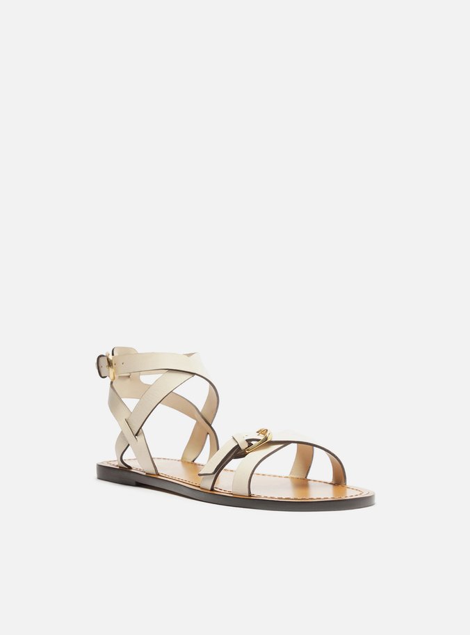 Sandália Rasteira Off-White Couro Tiras Fivelas