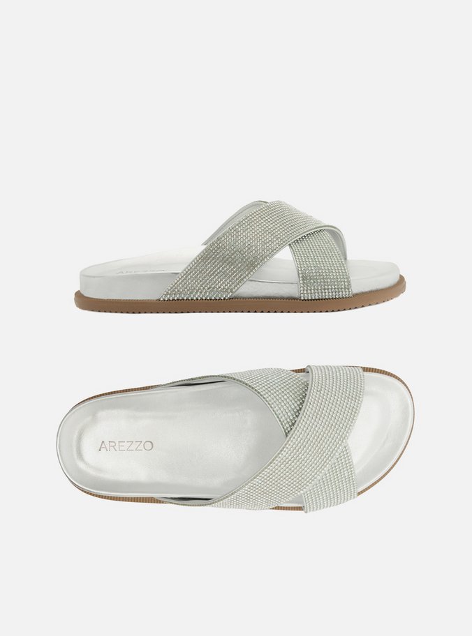 Slide Prata Tiras Largas Strass