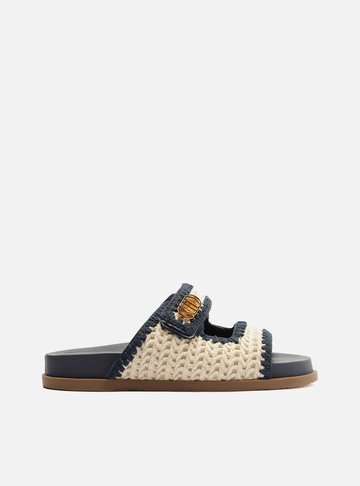 Sandália Papete Azul Crochê Cru Velcro
