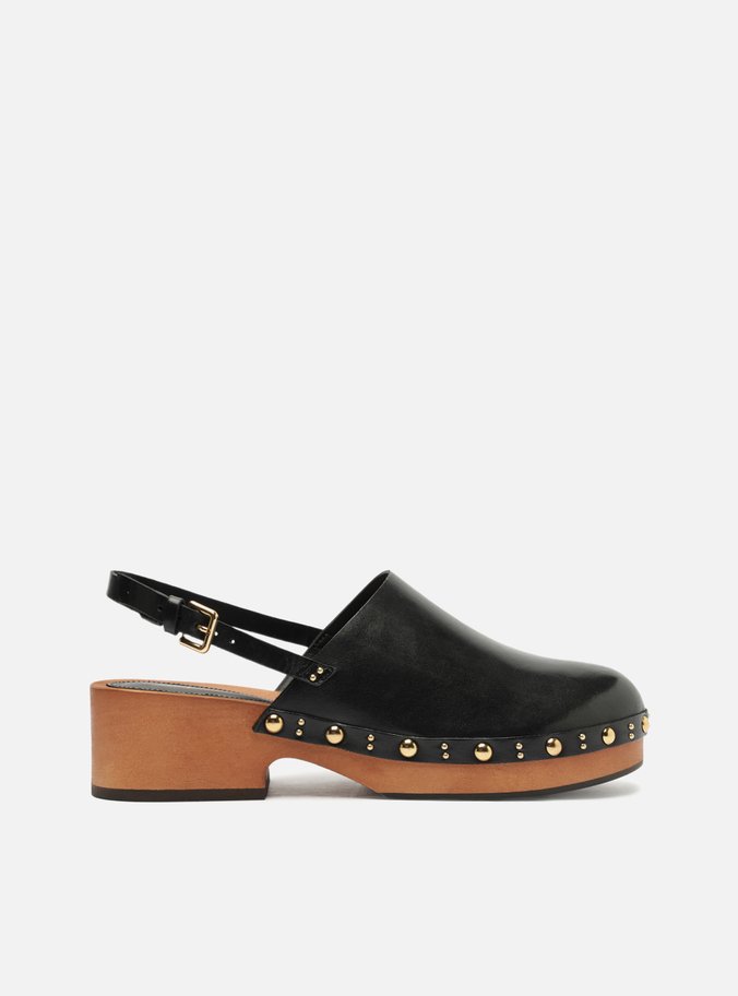 Mule Clog Preta Couro Salto Médio Tira